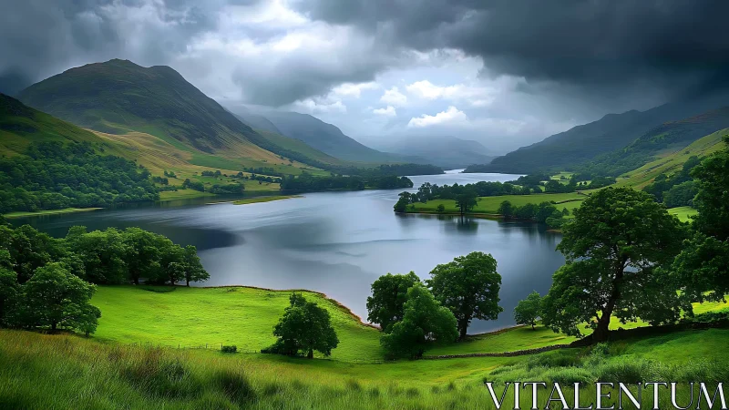 Storm-kissed valley lake whispers under brooding emerald hills