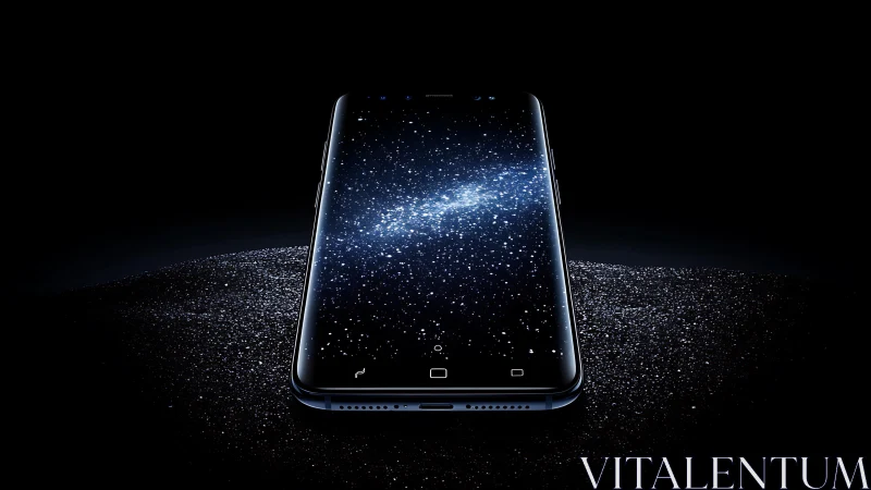 Black smartphone with starry galaxy display on dark surface.
