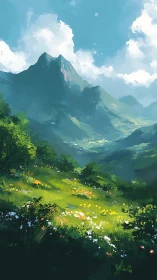 Sunlit alpine meadow below towering emerald mountains.