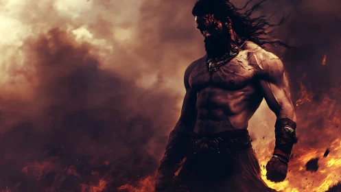 War-torn fire warrior rising strong from swirling embers.