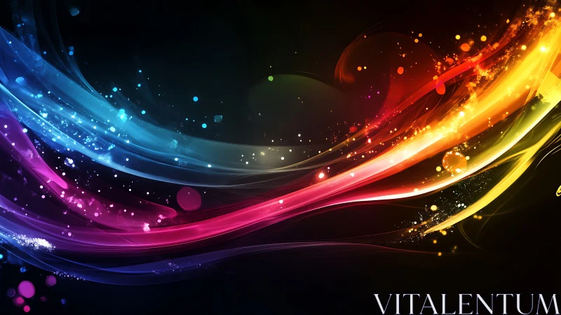 Colorful light streaks curve across dark digital background