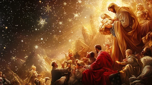 Star-swept nativity gathering under a blazing golden heaven.