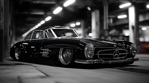Low-slung classic Mercedes coupe rendered with high-gloss reflections