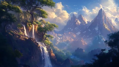 Layered fantasy mountains with cascading forest waterfalls and mist