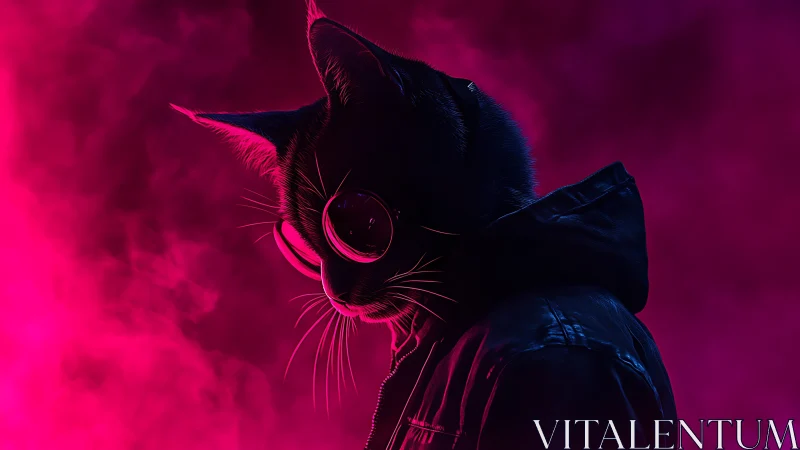 Anthropomorphic cat in jacket within magenta vapor field.