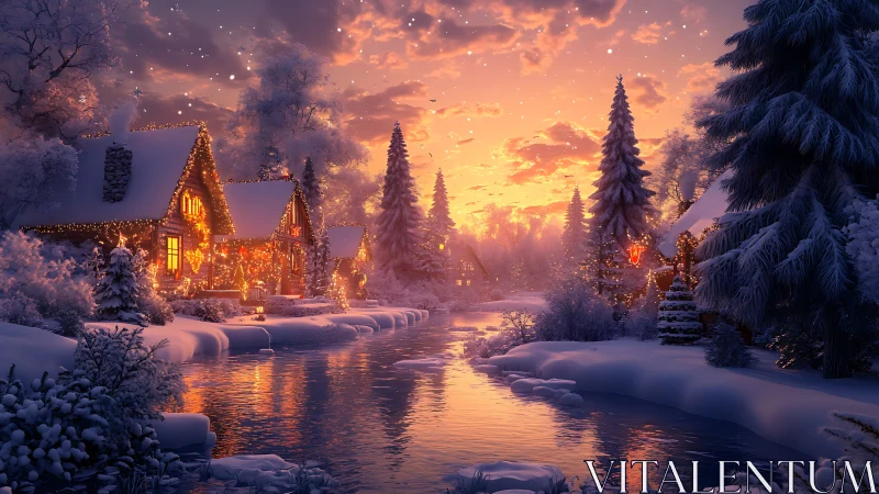 Snowy riverside cabins glow warmly beneath a winter sunset