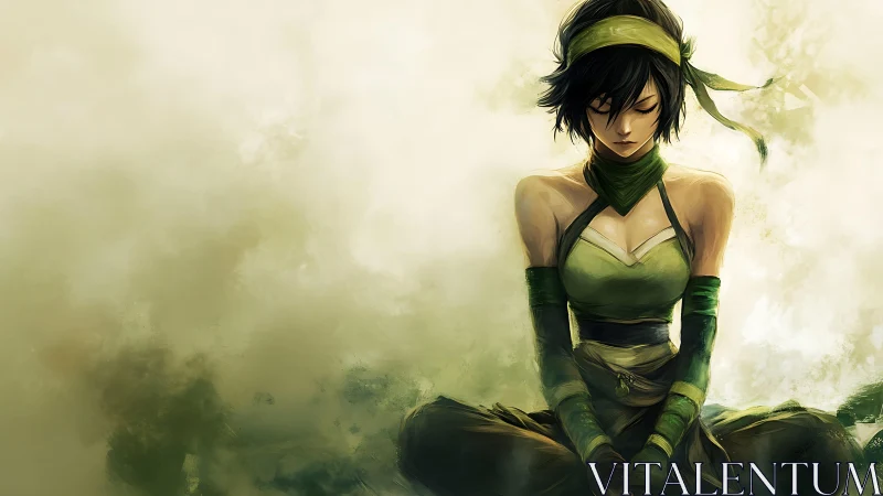 Meditative warrior girl in green amidst drifting mist.