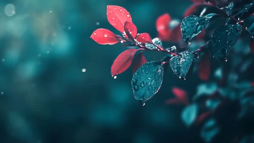 Raindrop-kissed red and teal leaves in tranquil twilight.