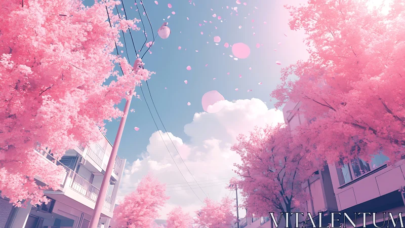 Pink tree-lined urban street is shown under clear sky