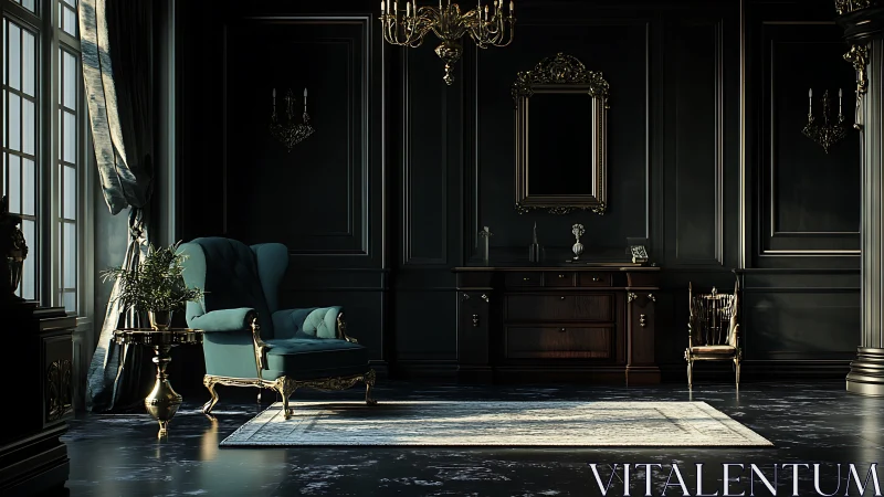 Dark neoclassical salon with teal armchair and gilded decor.