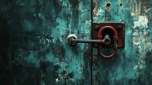 Rusted crimson latch guarding a weather-beaten teal door.