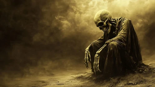 Desaturated robed skeleton seated in eroded wasteland under dense clouds