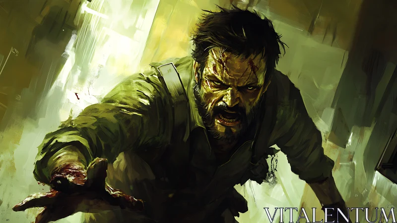 Injured man lunges forward in tense, chaotic interior scene.