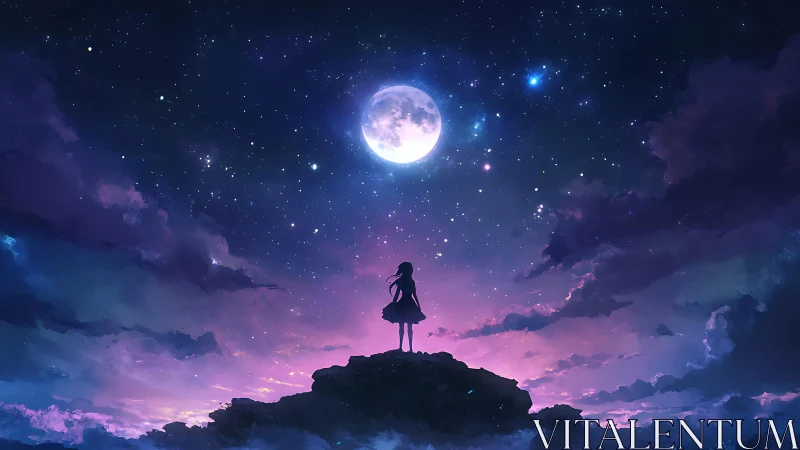 Silhouetted girl on starlit cliff under radiant full moon.