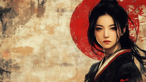 Digital portrait depicts woman before red circular backdrop