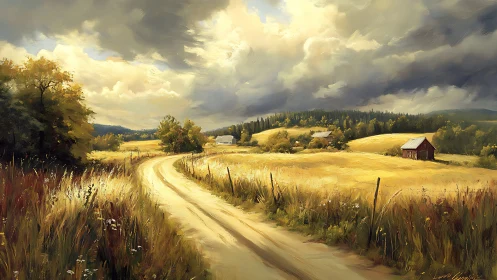 Golden country road under stormlit summer sky painting.