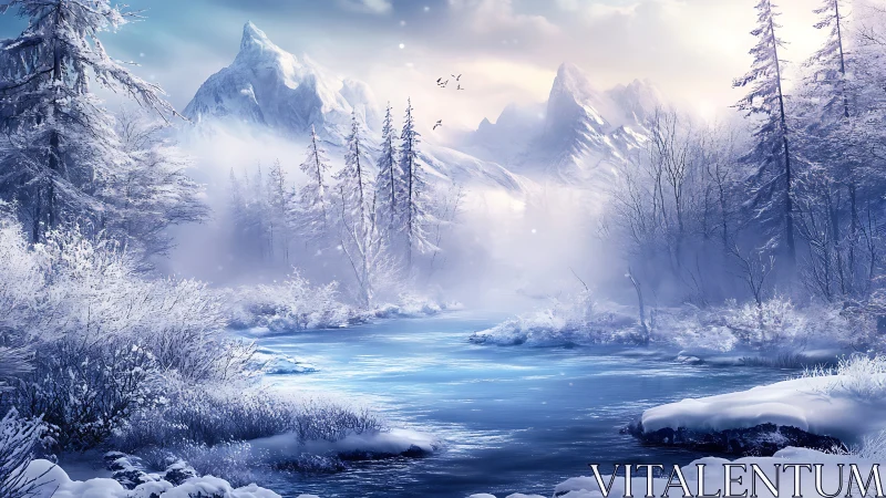 Snow-laden alpine river valley under luminous winter haze.