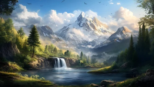 Snowcapped peak dominates serene waterfall forest valley