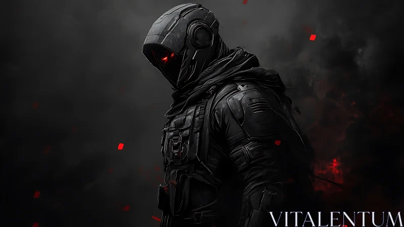 Cyberpunk stealth operative in tactical exosuit silhouette.