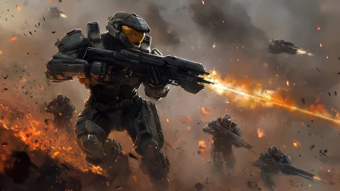 Armored sci fi infantry charging through incendiary battlefield.