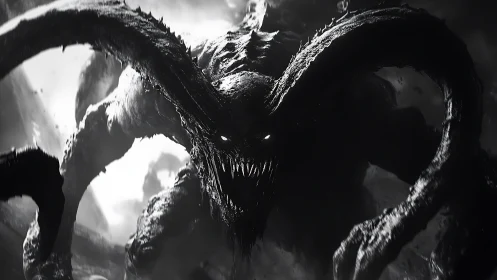 Nightmarish shadow beast emerging from swirling darkness.