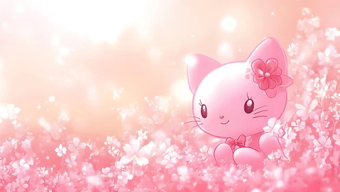 Pink anime kitten rests in glowing pastel flower field.