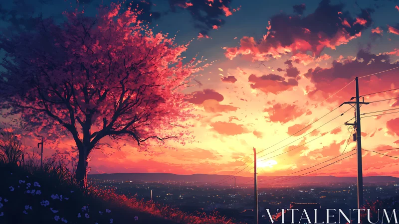 Radiant sunset over city framed by sakura tree silhouette