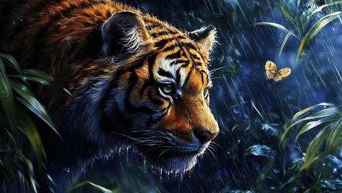 Tiger meets golden butterfly in a moonlit jungle storm.