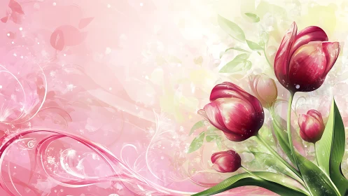 Red tulips with ornamental swirls on gradient pink yellow backdrop.