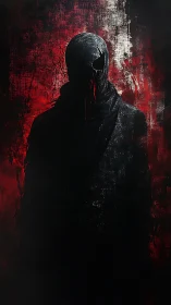 Shadowed figure in crimson mist, waiting at the edge.