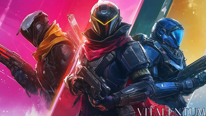 Triad of armored space operatives in neon combat standoff.