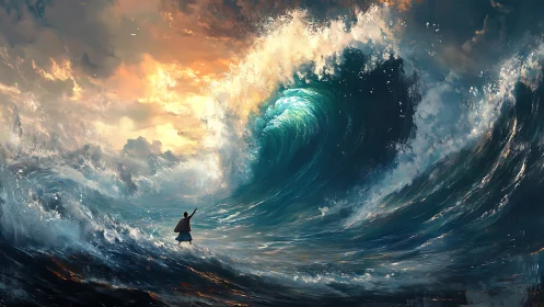 Monumental tidal wave curls over solitary figure in epic seascape