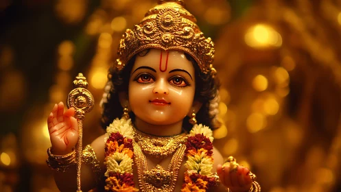 Divine child deity idol with golden crown and floral garlands.