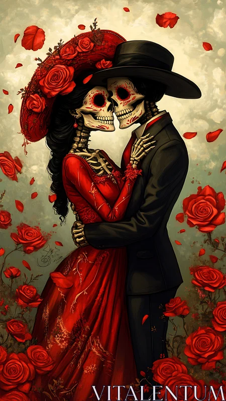 Skeleton Couple in Rose Garden: Romantic Gothic Digital Rendering