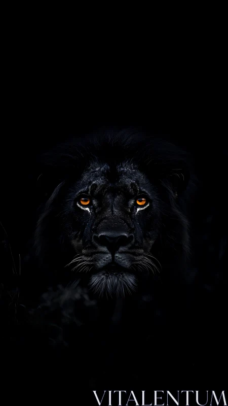 Lion head emerges from deep black background in low key