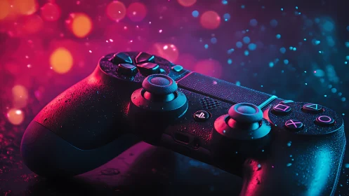 Neon-lit game controller with raindrop highlights at night.