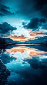 Sunset clouds blaze above mirrored mountain lake horizon.