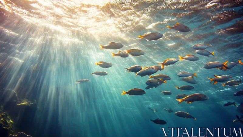 Sunlit fish school drifts through clear tropical seawater
