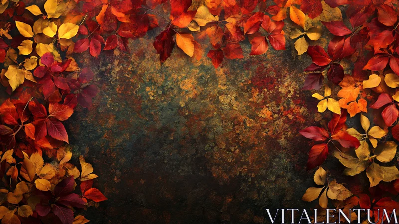 Autumnal leaf border framing textured oxidized surface.