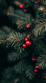 Evergreen needles with red berries rendered in shallow focus