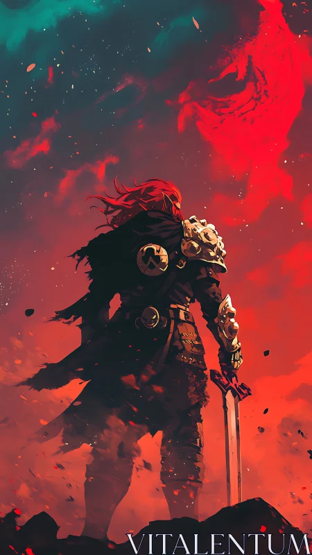 Armored figure with sword stands under turbulent red sky