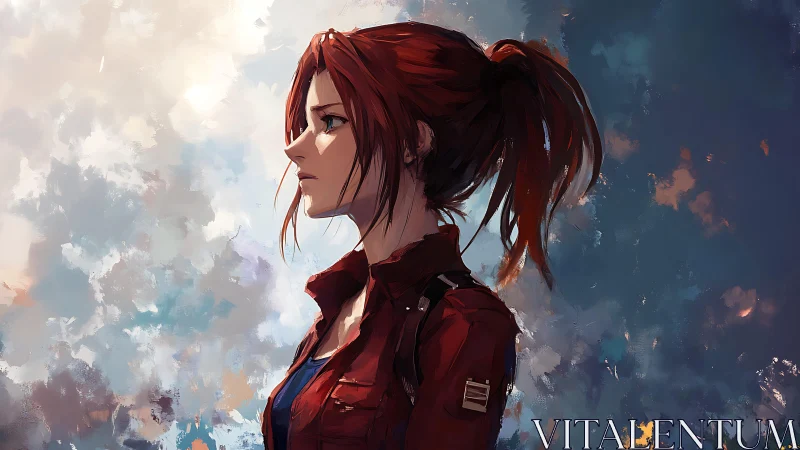 Thoughtful red haired heroine standing under painted skies.