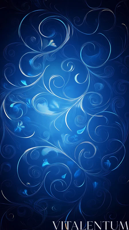 Luminous blue swirls trace ethereal floral currents across depth