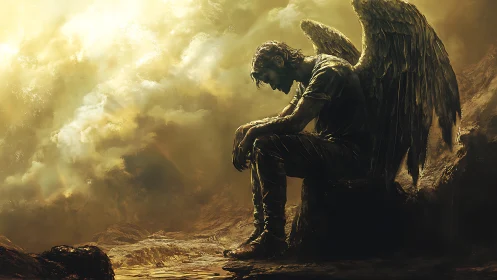 Winged male figure sits on rock under dense golden clouds