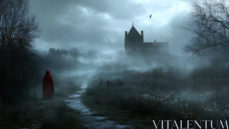 Cloaked figure walks toward foggy church in bleak moor
