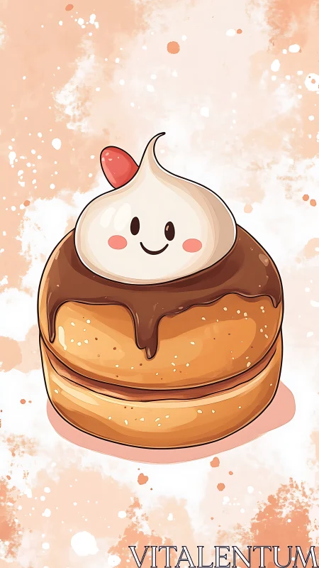 Smiling cream topped bun with chocolate glaze illustration.