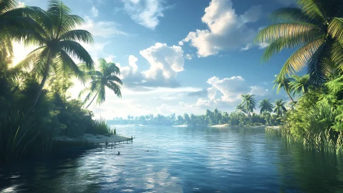 Tropical Waterway with Emergent Vegetation and Atmospheric Perspective.