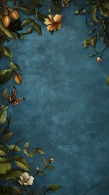 Vertical botanical frame surrounds textured teal backdrop