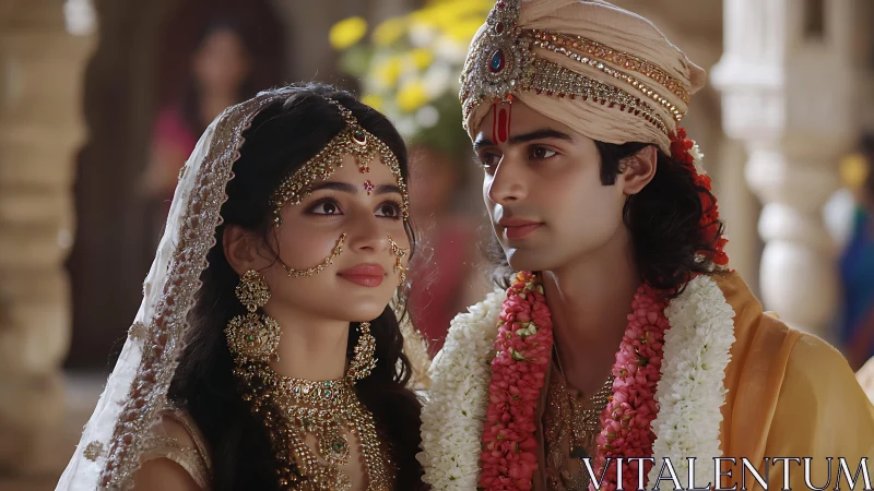 Indian wedding couple in ornate traditional attire and jewelry
