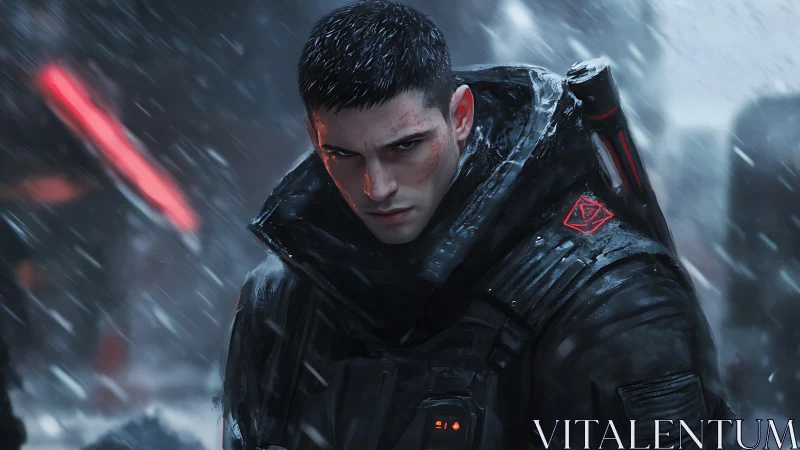 Cybernetic soldier in blizzard with neon backlight gaze.